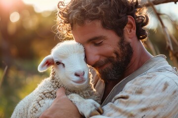 Organic Farmer caring for Lamb, holding in arms