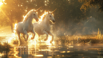 Fantasy Art, Illustration of mythical unicorns in a magical landscape. - obrazy, fototapety, plakaty