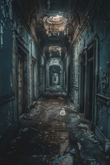 Fototapeta na wymiar Haunted Location, Eerie corridor depicting an abandoned citadel's haunted history.