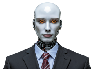 Portrait of Humanoid robot wearing suit and tie isolated on transparent background. AI generative