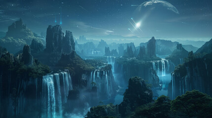 Sci-Fi Landscape, An ethereal sci-fi scene featuring a radiant forest and a city.