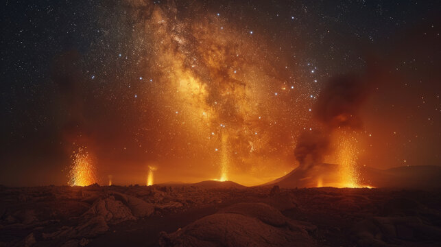 Fantasy Landscape, Mystical fire sprites dance across a volcanic landscape under a starry sky.