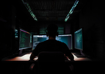 computer hacker operating computer system in a dark room