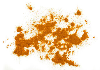 Scattered piles of turmeric (spices curcuma) isolated on a transparent background. Top view.