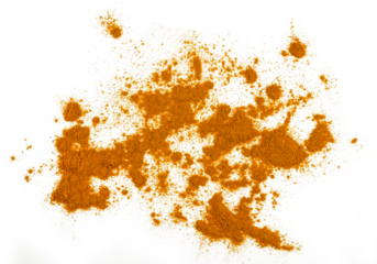 Scattered piles of turmeric (spices curcuma) isolated on a transparent background. Top view.