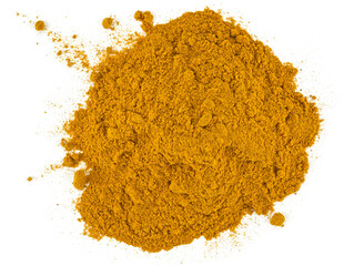 Pile of ground turmeric (spices curcuma) isolated on a transparent background. Top view. Completely in focus.