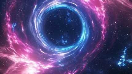An abstract cosmic background with stars and galaxies. Pink blue neon lines spinning around a black hole.