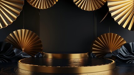 An abstract black gold background with folded fans, cylinder podiums or vacant pedestals for displaying merchandise in shops.