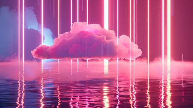 Abstract, neon vertical line background with pink cloud levitating in front of bright glowing neon lines. Minimal futuristic waterscape.