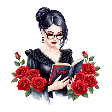 Portrait of beautiful woman wearing gothic style black dress reading a book, with red roses around watercolor painting, clipart ,,hobby, interest, book lover, wisdom concept, learning, isolated