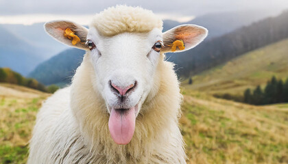 Funny beautiful sheep Portrait of sheep showing tongue - obrazy, fototapety, plakaty