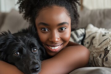 Obraz premium Woman playing with her dog in living room