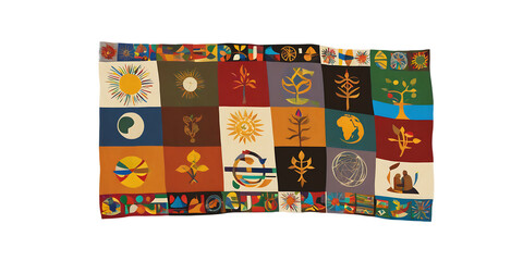  A vibrant tapestry of interwoven cultural symbols representing global diversity