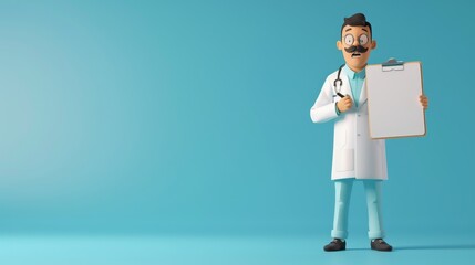 The doctor is stylized as a cartoon character with a clipboard in hand and a blank page mockup of a health checkup concept. The doctor is standing with a clipboard and a blank page mockup. Health - obrazy, fototapety, plakaty