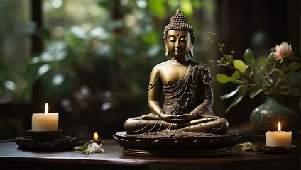 A Buddha statue is depicted in a tranquil setting with lit candles, flowers, and a dimly lit background, invoking a sense of peace and spirituality