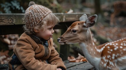 Young girl and boy on bench being sniffed by deer - obrazy, fototapety, plakaty