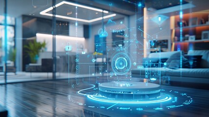 Obraz premium Futuristic user interface hologram on glass table in modern living room. smart home. 3D rendering