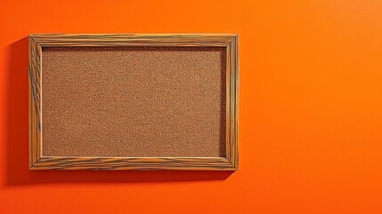 Rectangular corkboard with wooden frame for picture mockups or lettering on a orange textured wall