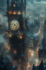 Steampunk Cityscape, Victorian-era cityscape with intricate clockwork and steam technology.