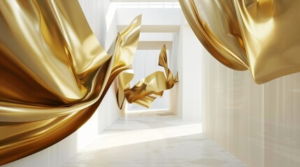 3D render. Abstract fashion background with white room and gold metallic foil scroll.