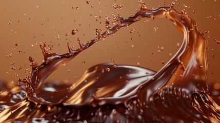 3D render of chocolate splash, cacao drink or coffee, splashing cooking ingredient. Brown beverage clip art isolated on brown background.