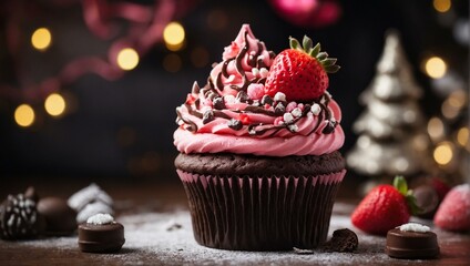 A delectable chocolate cupcake adorned with strawberry cream and festive decorations - obrazy, fototapety, plakaty