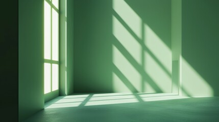 A simple 3D render of an abstract green backdrop, with shadows and bright sunlight coming in through the window. A modern, minimalist showcase scene for displaying products.