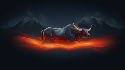 Galloping Red Bull, sparks fly from under the hooves, red night sky, banner - obrazy, fototapety, plakaty