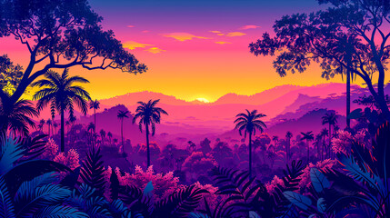 Fototapeta na wymiar Tropical landscape at sunset, silhouette of palm trees and mountains