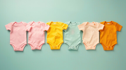 A set of organic cotton baby onesies in a rainbow of soft hues