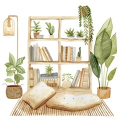 A watercolor clipart of a cozy Japandi reading nook
