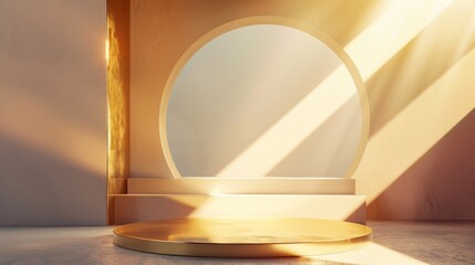 In this 3D render we see geometric shapes and sunlight rays and a modern minimal showcase scene with a golden square frame and empty podium for presenting a product.