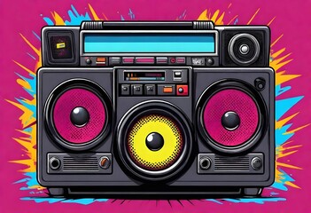 a cartoon ghetto blaster radio stereo speaker.  bright colors. neon - obrazy, fototapety, plakaty