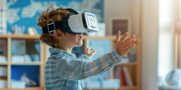 A little boy wearing VR headset and reaching out while testing