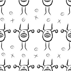 Bright black and white modern pattern with an abstract monster and cross and eye on the background. Youthful Print, textile, seamless texture