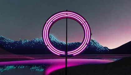 Poster Realistic purple neon rectangle frame with glow effect isolated on dark background. Illuminated geometric shape. Electric light horizontal frame sign. © netsay