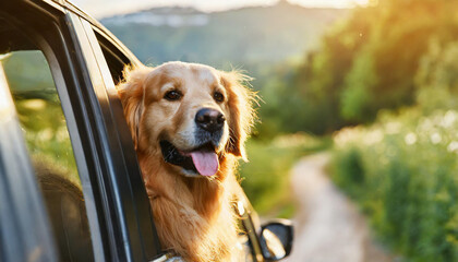 A golden retriever dog peers out from the top of the van.