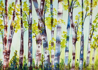 Birch tree forest painting. The dabbing technique near the edges gives a soft focus effect due to the altered surface roughness of the paper. - 777285304