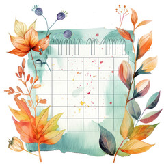 An illustration of a monthly goal tracker calendar with watercolor highlights for milestones and check marks