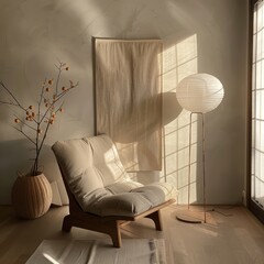 A cozy Japandi reading nook featuring a low-profile wooden chair with soft