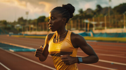 An african woman athlete running on the track