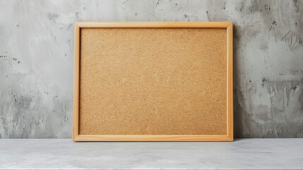 Rectangular corkboard with pine frame on grey shelf against a grey textured wall for picture...