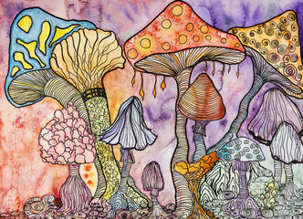 Trippy magical psychedelic mushrooms. The dabbing technique near the edges gives a soft focus effect due to the altered surface roughness of the paper. - 777286169