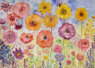 Flower garden painting in summer. The dabbing technique near the edges gives a soft focus effect due to the altered surface roughness of the paper. - 777286385