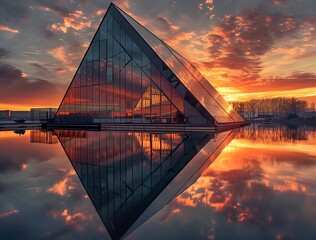 A photo of an architecture building shaped like an inverted triangle standing on water,