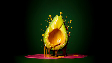 Sliced avocado dripping in colorful paint against dark green background. Copy space. Creative summer idea. Minimal fruit concept. Avocado levitate in the air.
