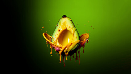 Sliced avocado dripping in colorful paint against green background. Copy space. Creative summer idea. Minimal fruit concept. Avocado levitate in the air.