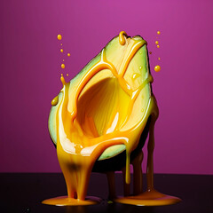 Sliced avocado dripping in colorful paint against pink background. Copy space. Creative summer idea. Minimal fruit concept. Avocado levitate in the air.