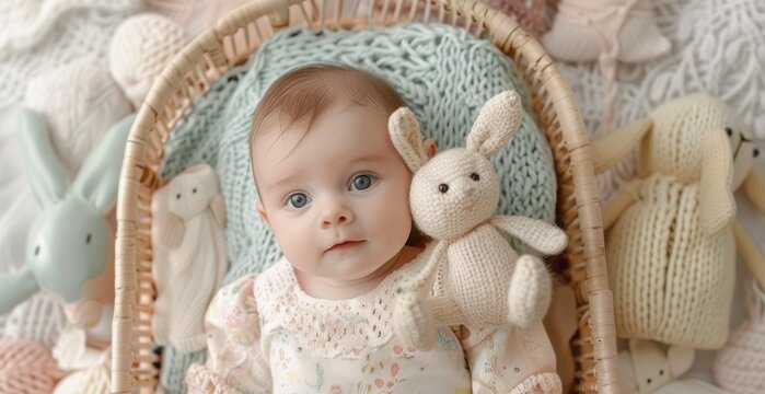 Retro newborn photography set with 1960s-inspired soft plush toys pastel-colored baby clothing