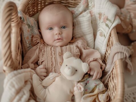 Retro newborn photography set with 1960s-inspired soft plush toys pastel-colored baby clothing